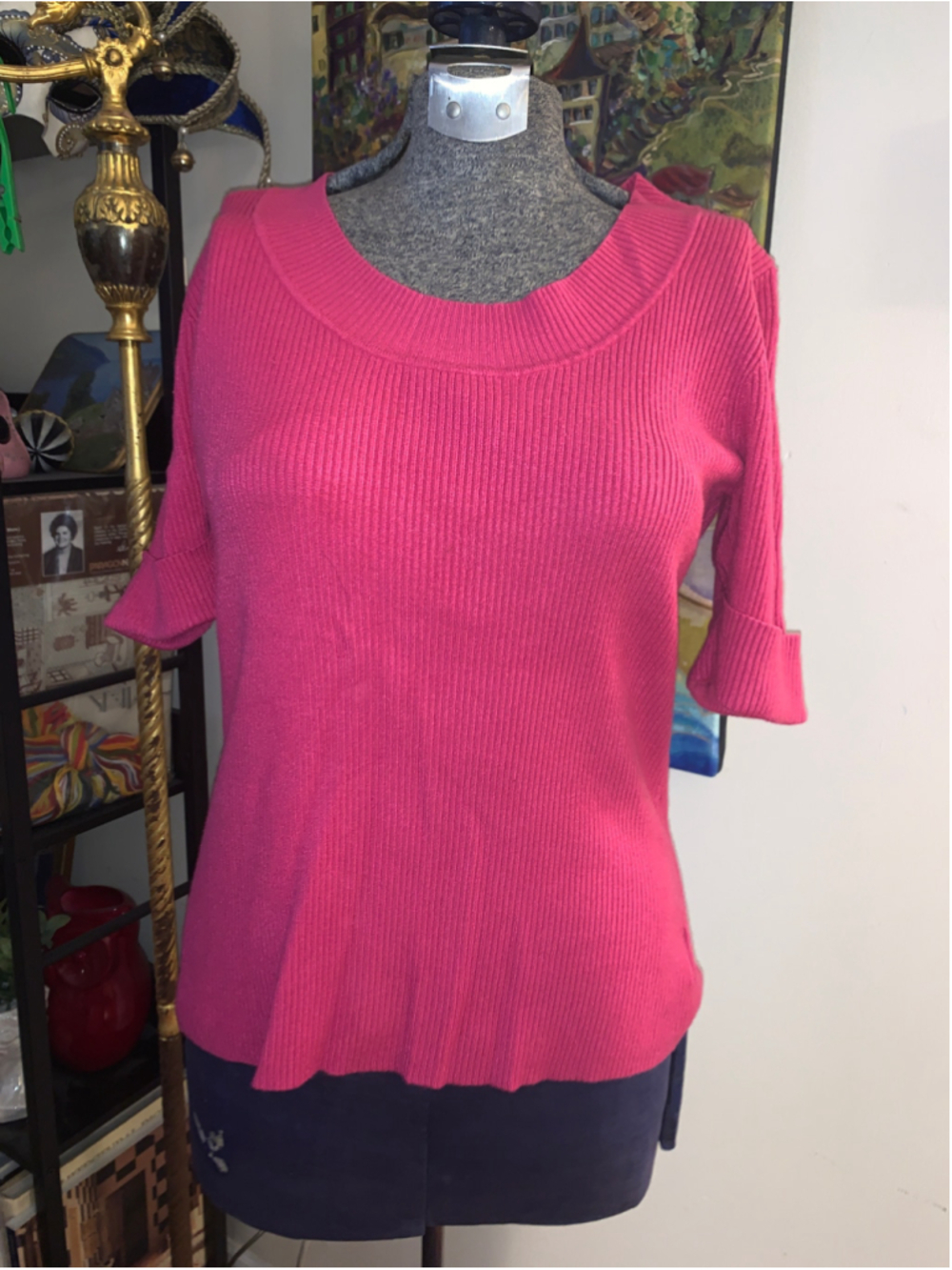 Women's Dalia Pink Ribbed Knit Crew Neck Sweater Size M